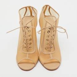 Pre Owned Christian Louboutin Beige Leather and Mesh Open Ondessa Lace Up Booties Size 37.5