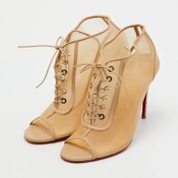 Pre Owned Christian Louboutin Beige Leather and Mesh Open Ondessa Lace Up Booties Size 37.5