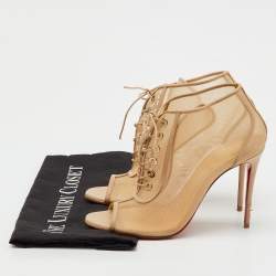 Pre Owned Christian Louboutin Beige Leather and Mesh Open Ondessa Lace Up Booties Size 37.5
