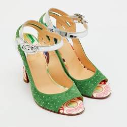 Pre Owned Christian Louboutin Green/Silver Suede and Laminated Leather Studded Loopinga Sandals Size 37