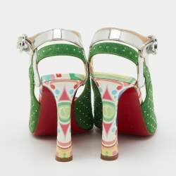 Pre Owned Christian Louboutin Green/Silver Suede and Laminated Leather Studded Loopinga Sandals Size 37