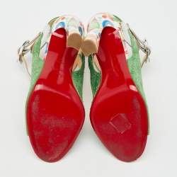 Pre Owned Christian Louboutin Green/Silver Suede and Laminated Leather Studded Loopinga Sandals Size 37
