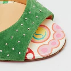 Pre Owned Christian Louboutin Green/Silver Suede and Laminated Leather Studded Loopinga Sandals Size 37