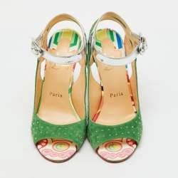 Pre Owned Christian Louboutin Green/Silver Suede and Laminated Leather Studded Loopinga Sandals Size 37