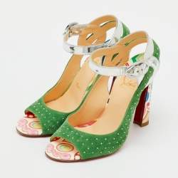 Pre Owned Christian Louboutin Green/Silver Suede and Laminated Leather Studded Loopinga Sandals Size 37