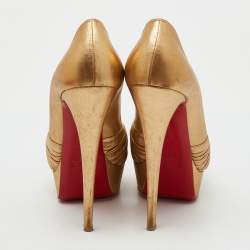 Pre Owned Christian Louboutin Gold Leather Aborina Peep Toe Platform Pumps Size 39