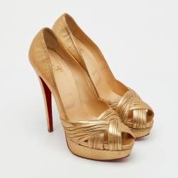 Pre Owned Christian Louboutin Gold Leather Aborina Peep Toe Platform Pumps Size 39