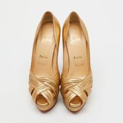Pre Owned Christian Louboutin Gold Leather Aborina Peep Toe Platform Pumps Size 39
