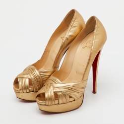 Pre Owned Christian Louboutin Gold Leather Aborina Peep Toe Platform Pumps Size 39