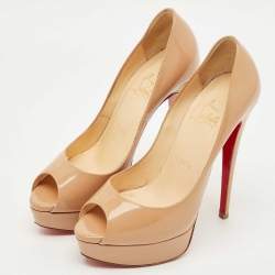 Pre Owned Christian Louboutin Beige Patent Leather Lady Peep Peep Toe Pumps Size 37