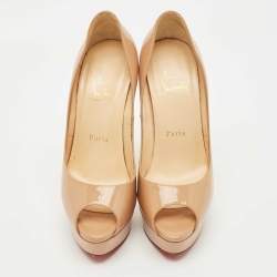 Pre Owned Christian Louboutin Beige Patent Leather Lady Peep Peep Toe Pumps Size 37