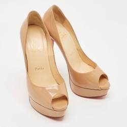 Pre Owned Christian Louboutin Beige Patent Leather Lady Peep Peep Toe Pumps Size 37