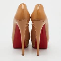 Pre Owned Christian Louboutin Beige Patent Leather Lady Peep Toe Platform Pumps Size 37.5