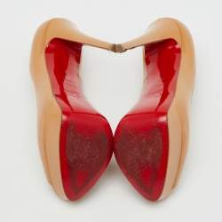 Pre Owned Christian Louboutin Beige Patent Leather Lady Peep Toe Platform Pumps Size 37.5