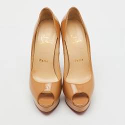 Pre Owned Christian Louboutin Beige Patent Leather Lady Peep Toe Platform Pumps Size 37.5