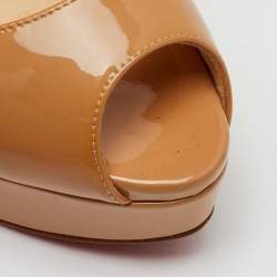 Pre Owned Christian Louboutin Beige Patent Leather Lady Peep Toe Platform Pumps Size 37.5