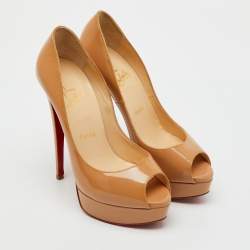 Pre Owned Christian Louboutin Beige Patent Leather Lady Peep Toe Platform Pumps Size 37.5