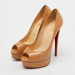 Pre Owned Christian Louboutin Beige Patent Leather Lady Peep Toe Platform Pumps Size 37.5