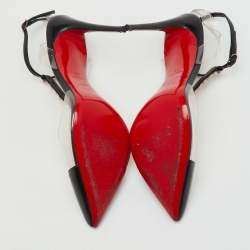 Pre Owned Christian Louboutin Black Leather and PVC Nosy Spikes T-Strap Sandals Size 38