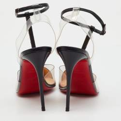 Pre Owned Christian Louboutin Black Leather and PVC Nosy Spikes T-Strap Sandals Size 38