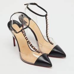 Pre Owned Christian Louboutin Black Leather and PVC Nosy Spikes T-Strap Sandals Size 38