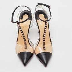 Pre Owned Christian Louboutin Black Leather and PVC Nosy Spikes T-Strap Sandals Size 38