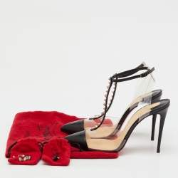 Pre Owned Christian Louboutin Black Leather and PVC Nosy Spikes T-Strap Sandals Size 38