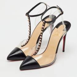 Pre Owned Christian Louboutin Black Leather and PVC Nosy Spikes T-Strap Sandals Size 38