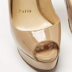 Pre Owned Christian Louboutin Beige Patent Leather Private Number Peep Toe Pumps Size 35.5