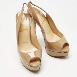 Pre Owned Christian Louboutin Beige Patent Leather Private Number Peep Toe Pumps Size 35.5