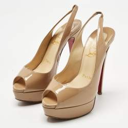 Pre Owned Christian Louboutin Beige Patent Leather Private Number Peep Toe Pumps Size 35.5