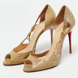 Pre Owned Christian Louboutin Beige Snakeskin Leather Delico D'orsay Pumps Size 36.5