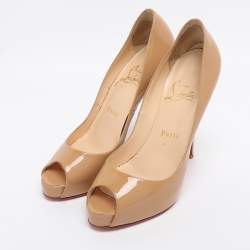 Pre Owned Christian Louboutin Beige Patent Leather Very Prive Peep Toe Platform Pumps Size 37