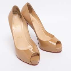 Pre Owned Christian Louboutin Beige Patent Leather Very Prive Peep Toe Platform Pumps Size 37