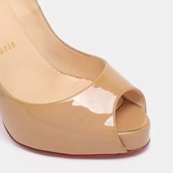Pre Owned Christian Louboutin Beige Patent Leather Very Prive Peep Toe Platform Pumps Size 37