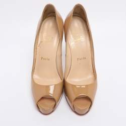 Pre Owned Christian Louboutin Beige Patent Leather Very Prive Peep Toe Platform Pumps Size 37