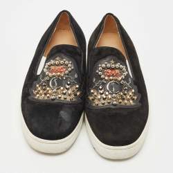 Pre Owned Christian Louboutin Black Suede Embellished Slip On Sneakers Size 39