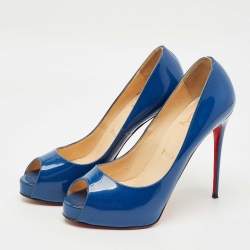 Pre Owned Christian Louboutin Blue Patent Leather Very Prive Peep Toe Pumps Size 38