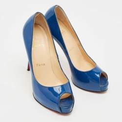 Pre Owned Christian Louboutin Blue Patent Leather Very Prive Peep Toe Pumps Size 38