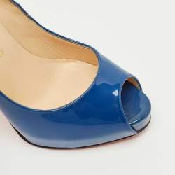 Pre Owned Christian Louboutin Blue Patent Leather Very Prive Peep Toe Pumps Size 38