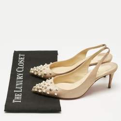 Pre Owned Christian Louboutin Metallic Beige Suede Drama Spikes Slingback Pumps Size 36