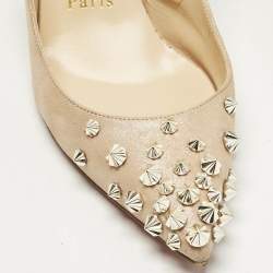 Pre Owned Christian Louboutin Metallic Beige Suede Drama Spikes Slingback Pumps Size 36
