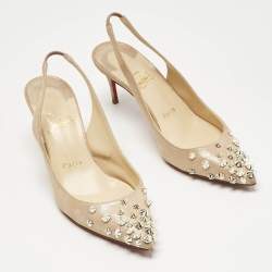 Pre Owned Christian Louboutin Metallic Beige Suede Drama Spikes Slingback Pumps Size 36