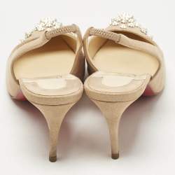 Pre Owned Christian Louboutin Metallic Beige Suede Drama Spikes Slingback Pumps Size 36
