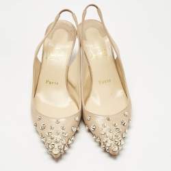 Pre Owned Christian Louboutin Metallic Beige Suede Drama Spikes Slingback Pumps Size 36