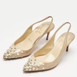 Pre Owned Christian Louboutin Metallic Beige Suede Drama Spikes Slingback Pumps Size 36