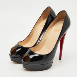 Pre Owned Christian Louboutin Black Patent Leather Lady Peep Toe Platform Pumps Size 39.5