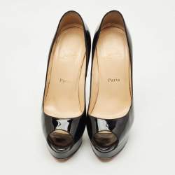 Pre Owned Christian Louboutin Black Patent Leather Lady Peep Toe Platform Pumps Size 39.5