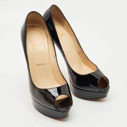 Pre Owned Christian Louboutin Black Patent Leather Lady Peep Toe Platform Pumps Size 39.5