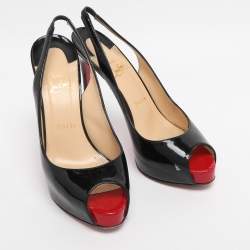 Pre Owned Christian Louboutin Black Patent Leather Private Number Slingback Pumps Size 38.5